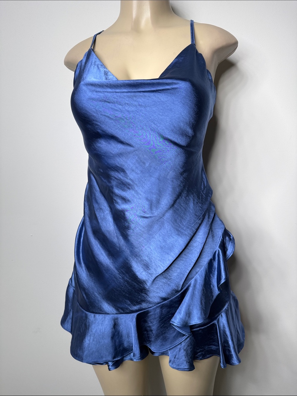 Blue Satin Cowl Neck Slip Romper with Ruffle Hem